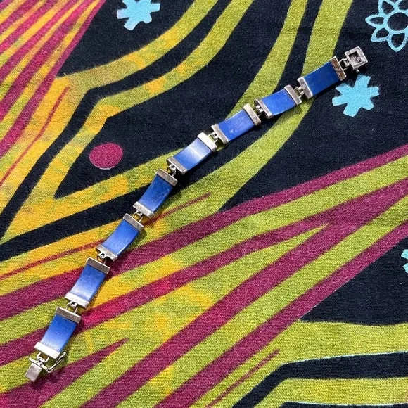 VTG Lapis Lazuli Stone Panel Sterling Silver 925 China Bracelet - Picture 6 of 9